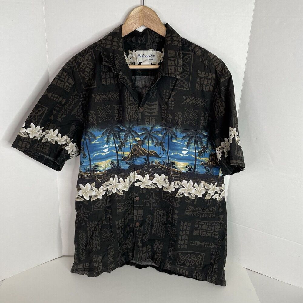 Vintage Hawaiian Button Up Shirt, XL, Bishop St. Apparel, Black Scenic